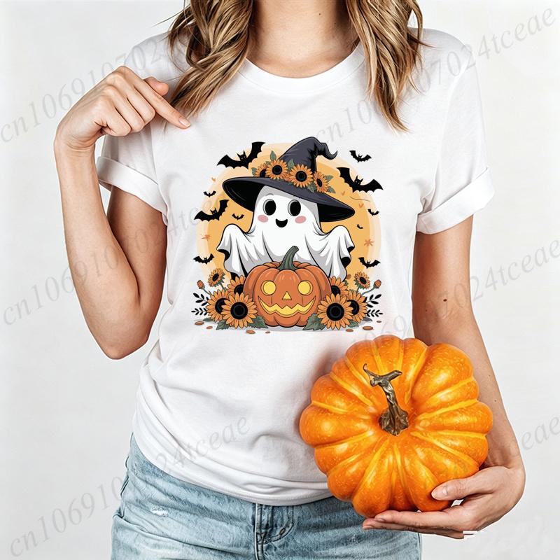 Women's Halloween T-Shirt Halloween-ghost-with-sunflower-hat-and-pumpkin-spooky-fun-with-bats-and-fall-vibes Print T-Shirts Gift