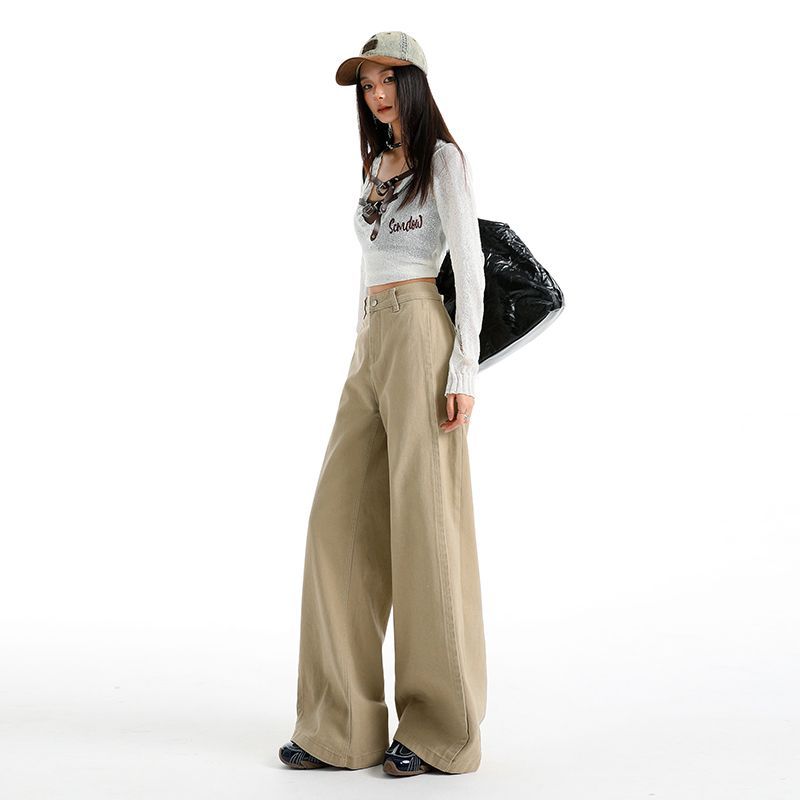 Early Spring Khaki High Waist Vintage Patchwork Slim Straight Wide Leg Denim Pants For Ladies Casual Pants Oversize Denim Trousers