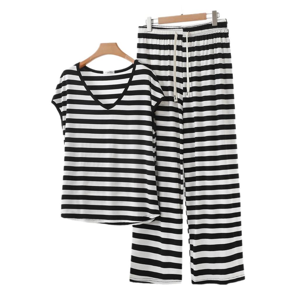 Modal Black & White Striped V-Neck Sleeveless Casual Two-Piece Women's Set with Long Pants
