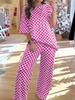 Women's Autumn Plaid Chessboard Two-Piece Set with Loose Slimming Five-Point Sleeve Top and Straight-Leg Pants