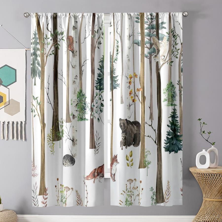 2pcs Snowforest animal curtains with pole bag design   privacy protection   suitable for decoration in various scenes