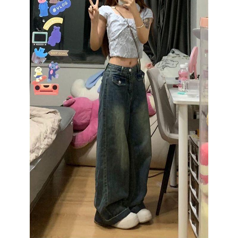 

Small Sexy Style Denim Female Vibe American Retro Stylish Pocket Niche Style Mop Straight-Leg Wide-Leg Pants Retro blue Small S