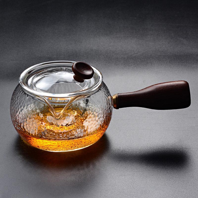 

Japanese Glass Tea Infuser with Side Handle, Hammer Pattern, Inner Liner, and Heat Resistance for Flower and Kung Fu Tea.