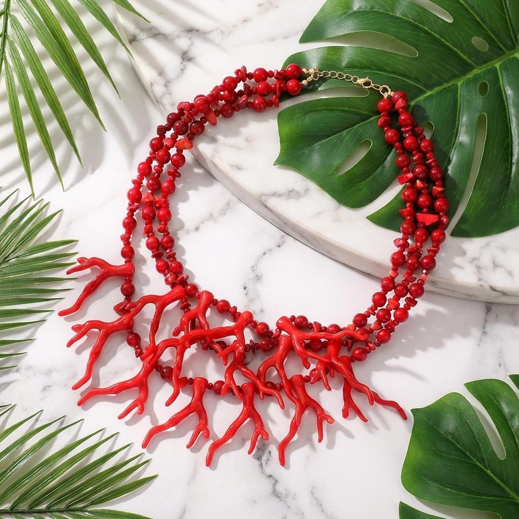 Exaggerated Red Coral Multi Layer Necklace for Women Bohemian Irregular Stone Beaded Choker Chain Vacation Party Jewelry Gift