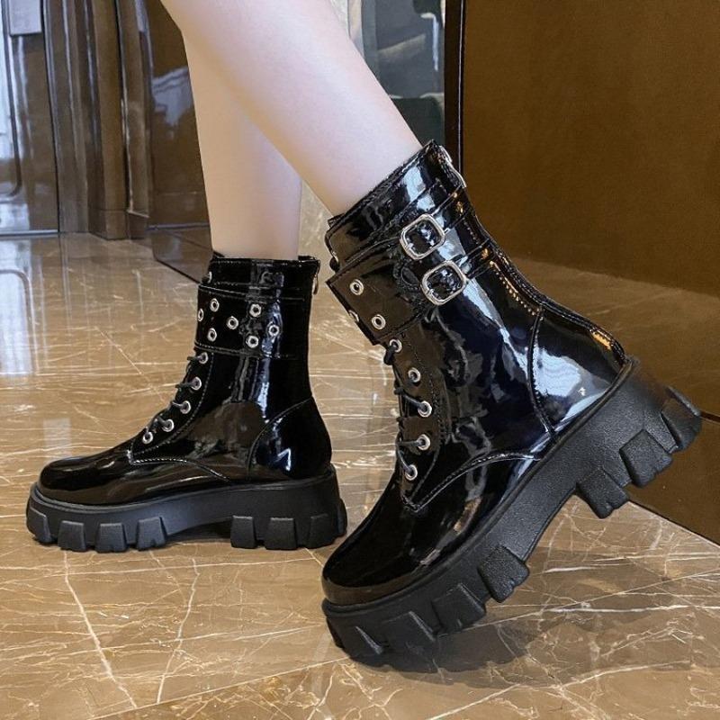 Fashion Women's Platform Patent Leather Boots Zipper Calf Short Leg Knight Boot Women Waterproof Round Toed Thick-soled Boot Botas Mujer