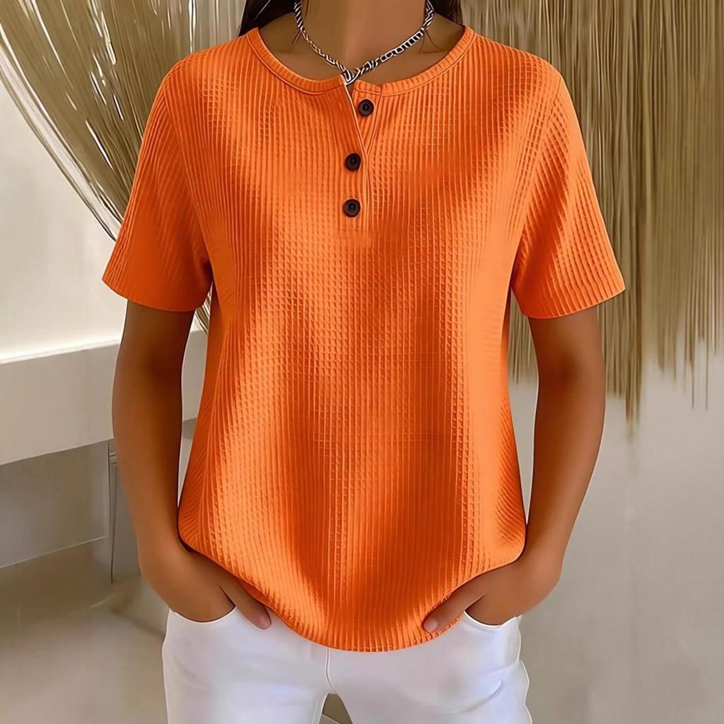 Plus Size Women's Solid Round Neck Short Sleeve Casual Top with Button Detail