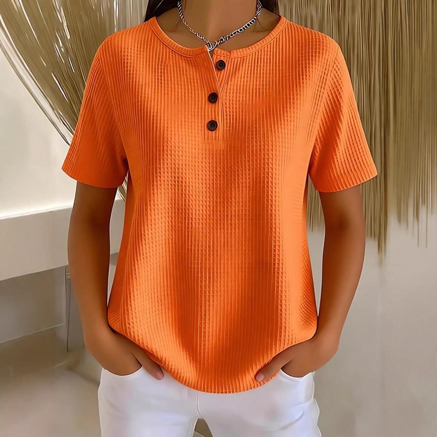 

Plus Size Women s Solid Round Neck Short Sleeve Casual Top with Button Detail 1XL оранжевый/красный