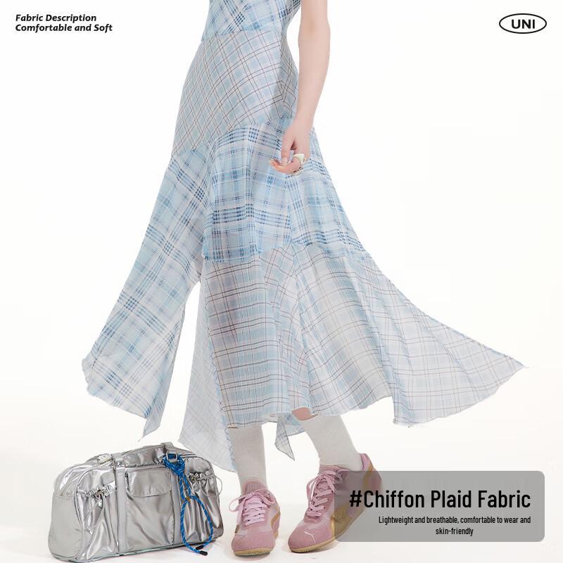 UNIFREE Blue Chiffon Camisole Dress with Plaid Patchwork