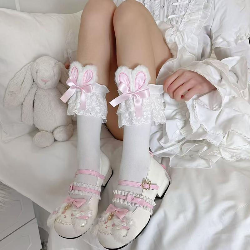 Japanese Harajuku Lolita Sweet Rabbit Ear Socks Women Summer Jk Bow Short Socks Lolita Lace Large Lace Sweet Socks