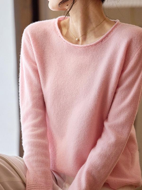 Women's 100% Pure Wool Round Neck Sweater - Rolled Hem, Versatile Knit Pullover for Autumn & Winter