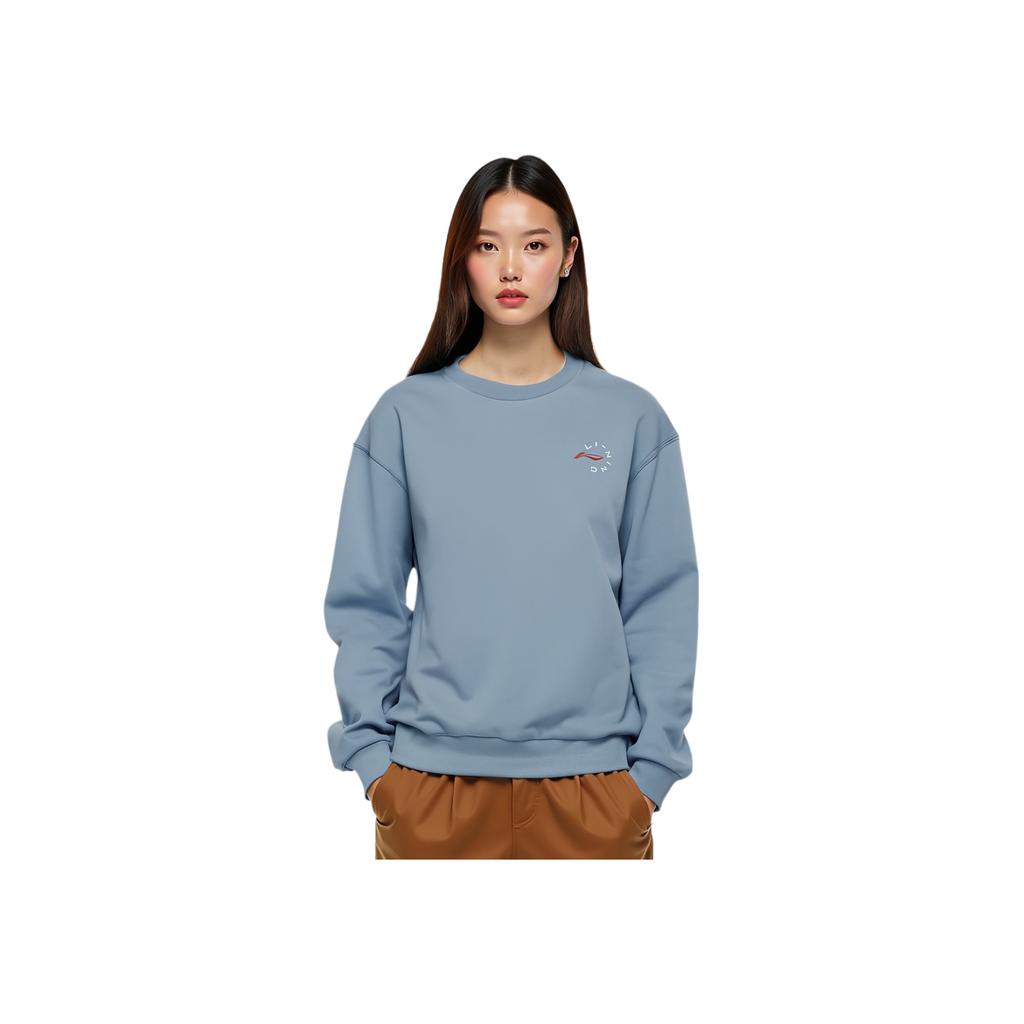 Li Ning Fitness Series Logo Print Solid Color Loose Round Neck Pullover Sweatshirt Women Sweatshirt Mist-Blue AWDR874-7