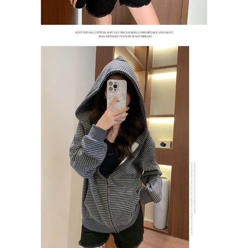 Women S Striped Zip Up Loose Fit Hooded Sweatshirt