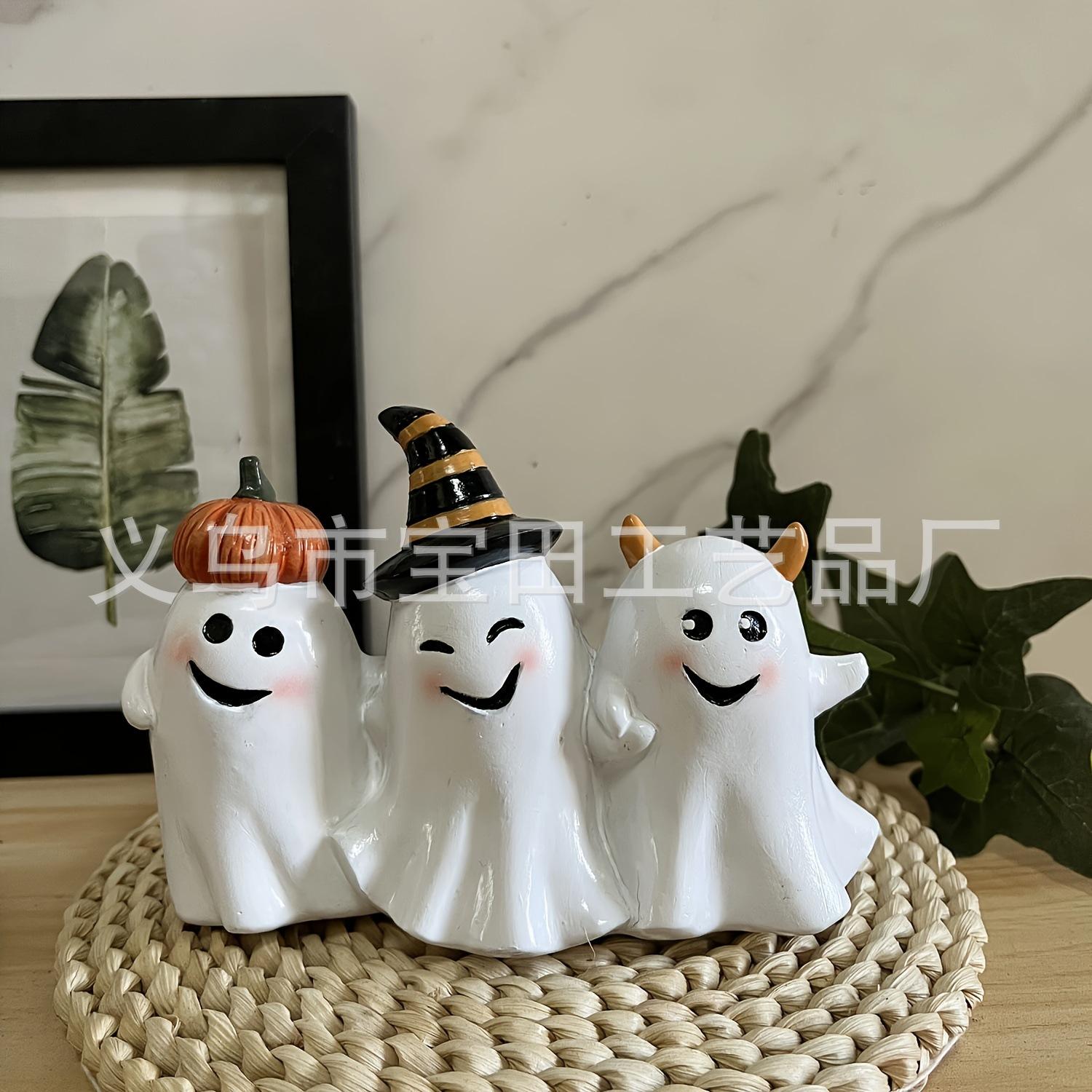 Whimsical Smiling Ghost Trio Decorating Pumpkin Witch Devil Horn Cute Halloween