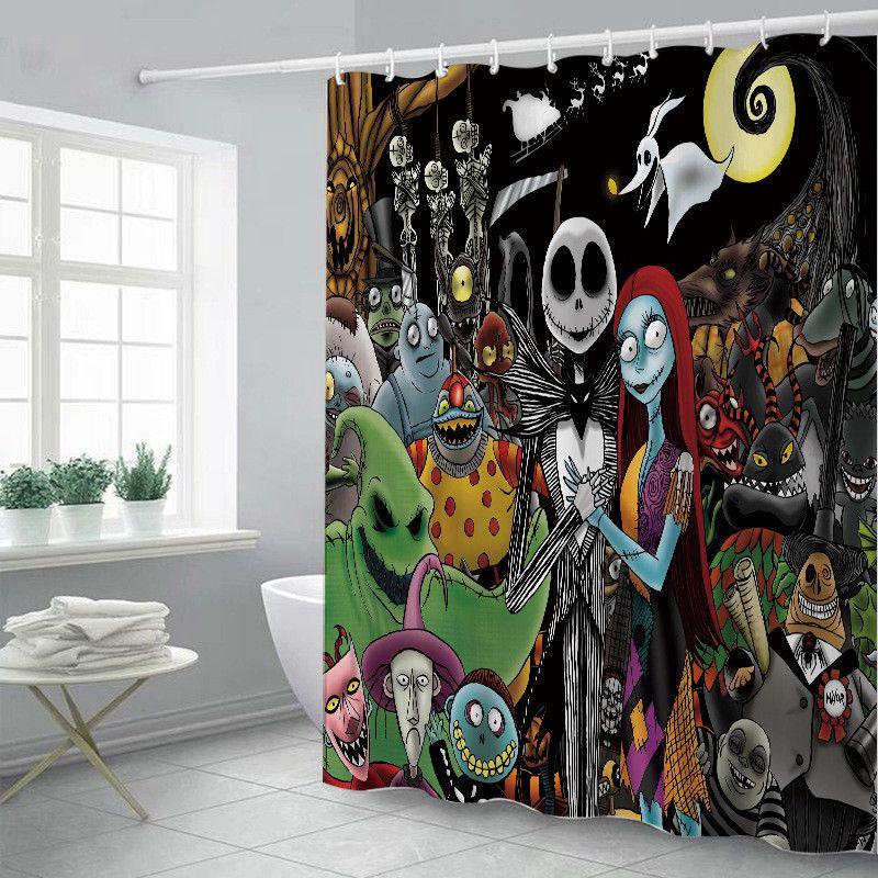 Żywa i kolorowa zasłona prysznicowa Miasteczko Halloween z haczykami do łazienek