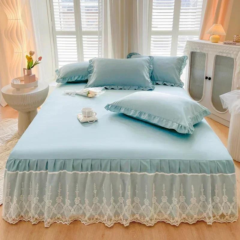 Pink Blue Silk Bed Skirt Single Piece Bedspread Hollowed Out Lace Non Slip with Strap Solid Colour Lace Bed Sheet