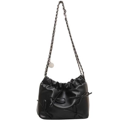 Harujio Women's Shoulder Bag with Ribbon, Silver Chain, Ballet Core, Gathered Bag, Chain, Drawstring, Black, White, Small, Stylish, Cute (Black)