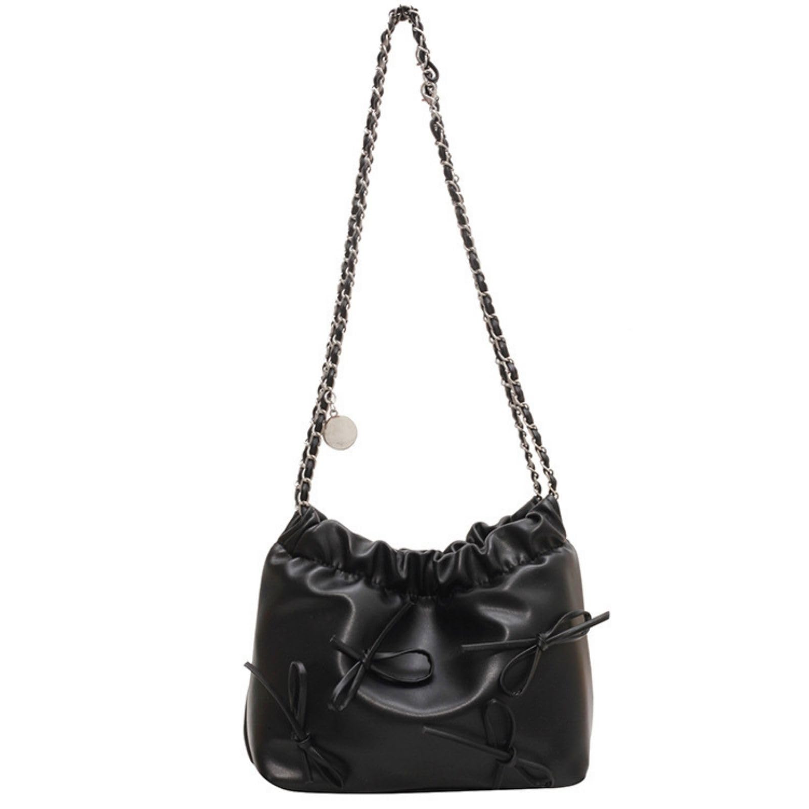 Женская сумка через плечо Harujio с лентой, серебряной цепочкой, в стиле Ballet Core, сборчатая сумка, цепочка, шнурок, черная, белая, маленькая, стильная, милая (черный)