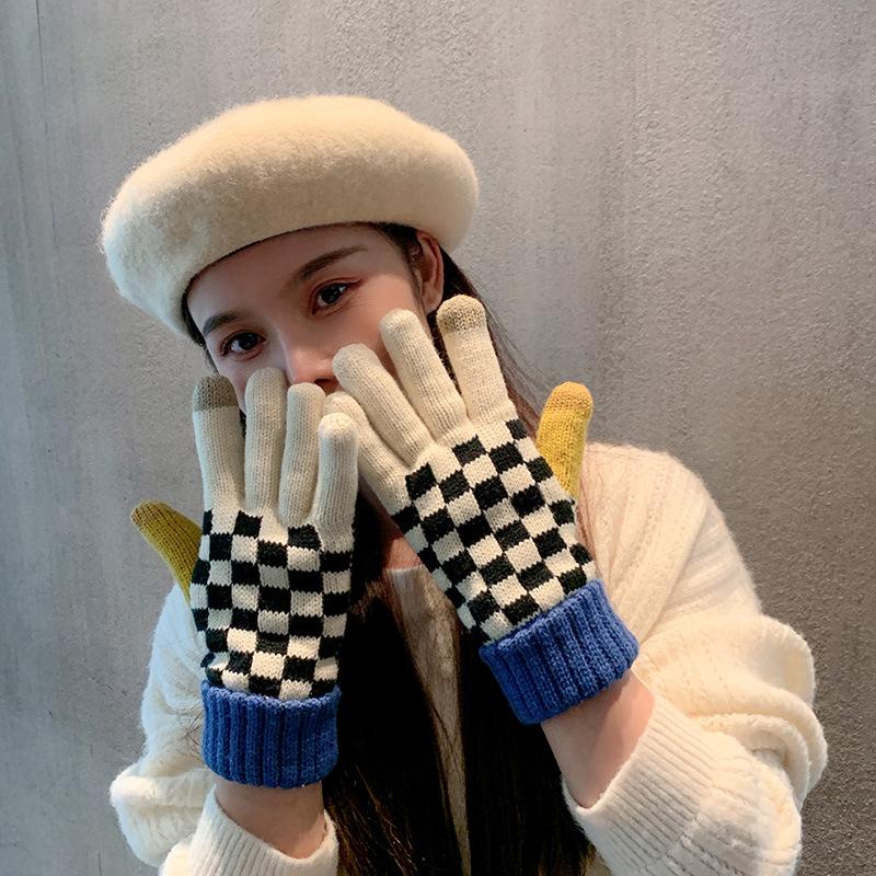 Winter Fleece and Thickened Touch Screen Color Blocking Striped Gloves for Girls Korean Version Instagram Cute Student Cycling Warm Gloves