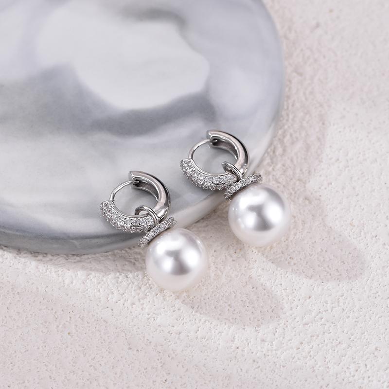 Fashion Round Big Pearl Bead Pendant Drop Hoop Earrings For Women Zinconia Ear Buckle Elegant Wedding Banquet Party Jewelry Gift