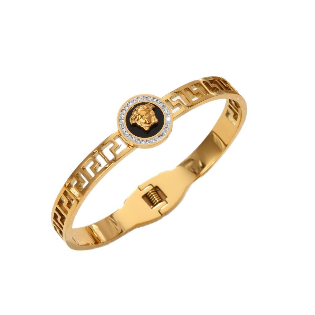 Europejska i Bliskowschodnia Biżuteria Modowa: Damskie Bransoletki ze Stali Nierdzewnej, Wzór Rzymski, Wysadzane Diamentami, ażurowy Wzór.