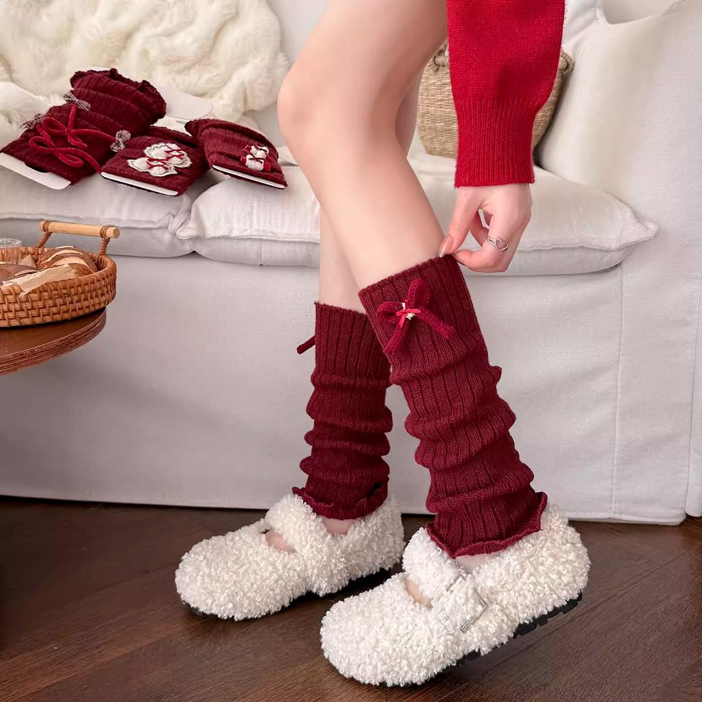 New Year'S Mori Bow Socks Cover Natal Year Red Sweet Love Hairball Stacking Socks Cover Thickened Leg Warmer