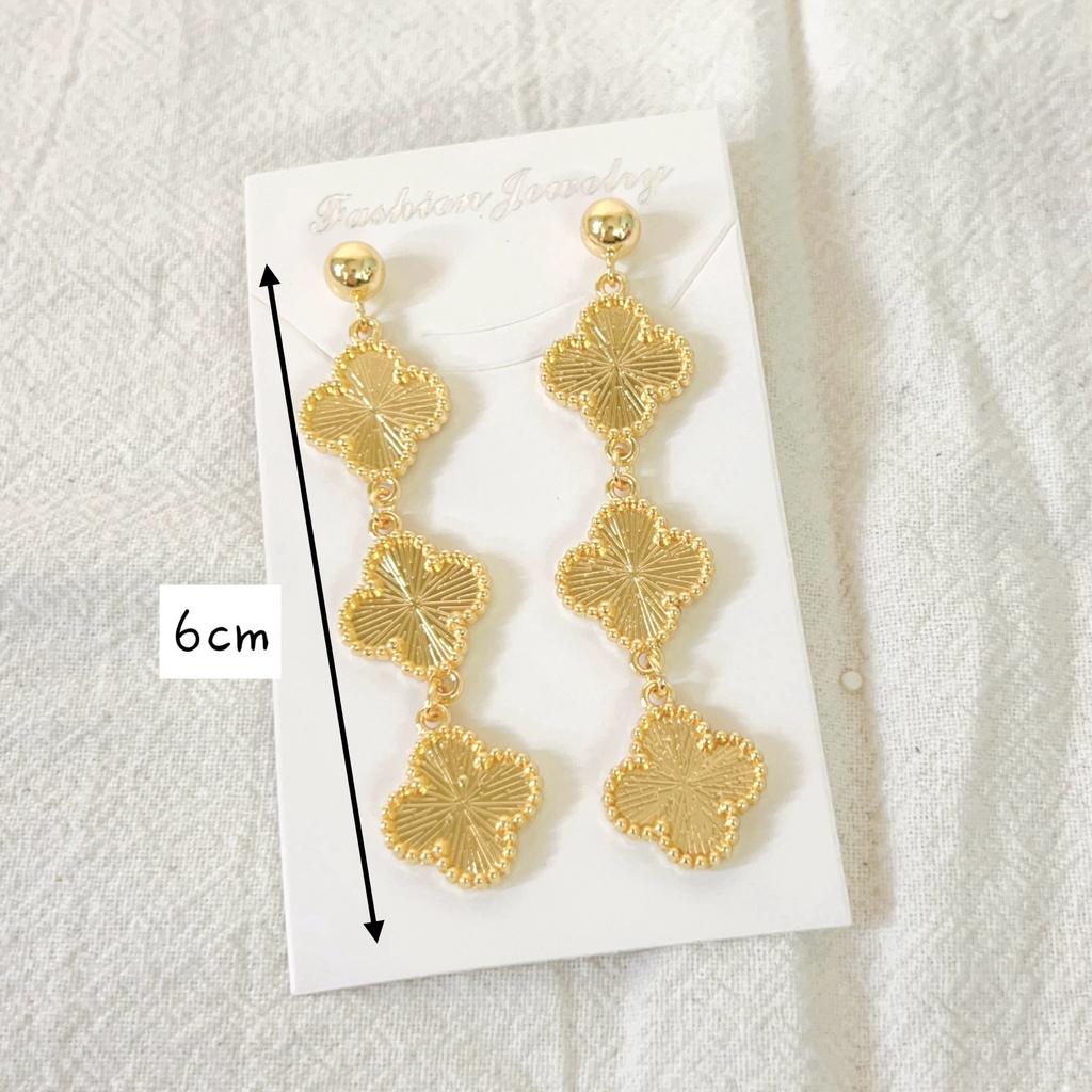 Stainless Steel Clover Tassel Double-sided Earrings with Three Flower Earrings and Earrings, 18K Gold Earrings