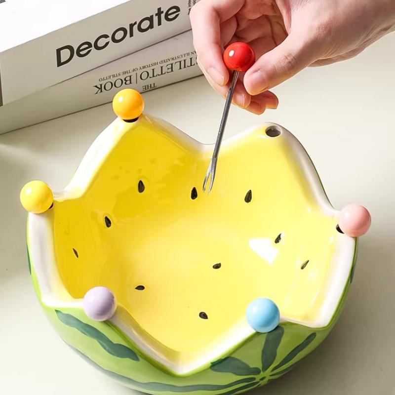 Creative Ceramic Watermelon Fruit Bowl with Fork for Home Living Room Fruit Plate Salad Bowl Cute Stainless Steel Fork