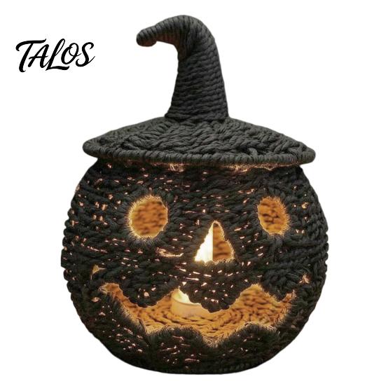Herfsttafeldecoratie Handgeweven Halloween Pompoenmand, Spookachtige Snoep Bewaarmand met Deksel, Vintage Rotan Rustieke Zeegras Verlichte Lantaarn