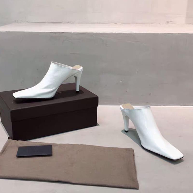 Fashion European And American Style High-Heeled Slippers Female Summer Square Head Thick With Patent Leather Bun Head Muller Half Slippe