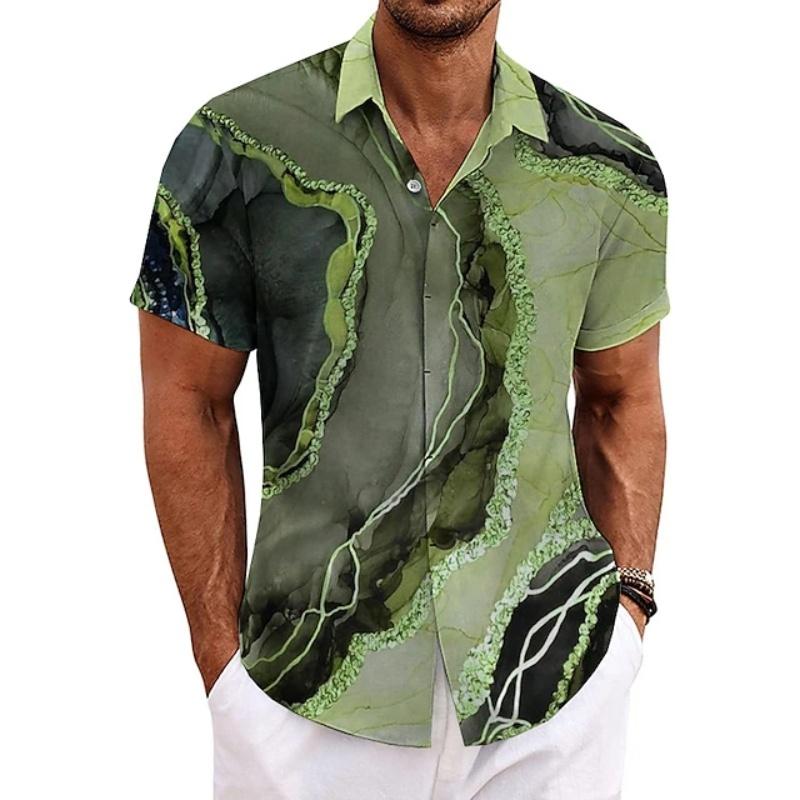 Men's Summer Shirt Vintage Patchwork Printed Button Lapel Short Sleeve Shirt Tropical Vacation T Shirt Fashion Soft Men Clothing