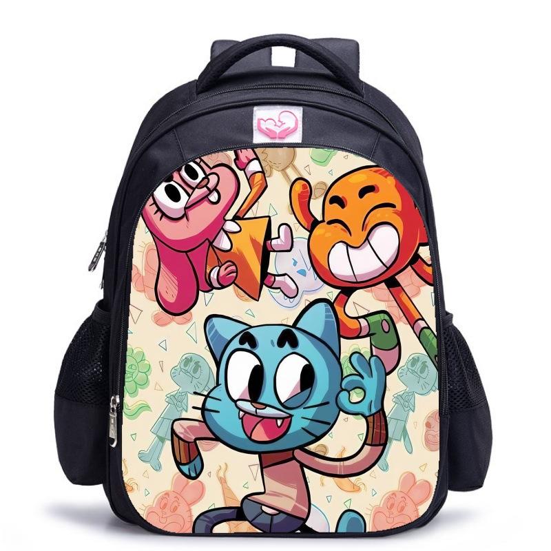 Zaino Scuola per Bambini, Testa Grande Gatto Blu Forrest Gump Scuola di Animazione, Tessuto Oxford Nero Resistente allo Sporco Grande Capacità.