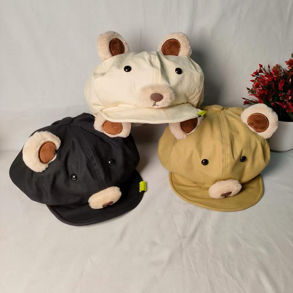 Cute Bear Plush Ears Flipped Brim Beret Female Face Small Cloud Octagonal Hat Big Head Circumference Painter Hat Tide