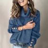 Women's Turtleneck Ribbed Knit Sweater Long Sleeve Button Cuff Loose Casual Solid Color Pullover Top