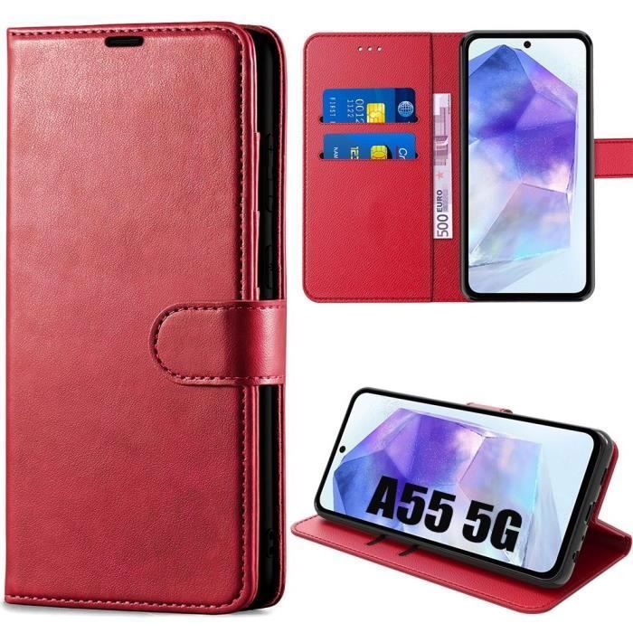 Coque de protection - samsung - galaxy a55 5g - rouge - effet cuir - antichoc avec support
