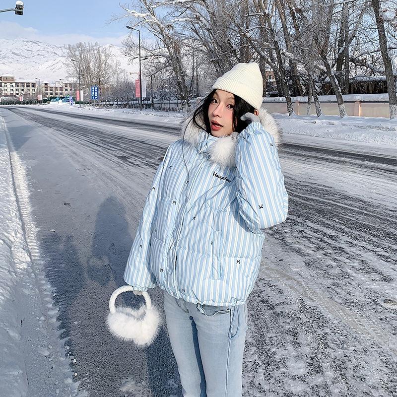 Y2K Womens Winter Clothes Warm Trench Coat Bow Fashion Simple Stripe Plush Sportswear Retro Sweet Loose Short Jacket