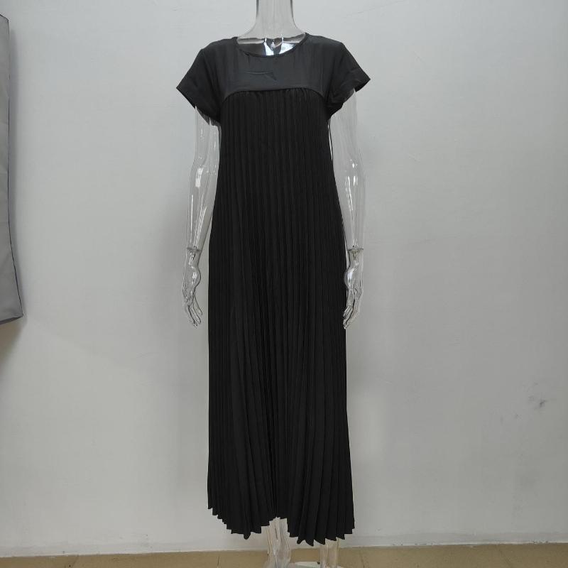 Summer Fashion Solid Plus Size Dress Women Round Neck Short Sleeve Loose Pleated Casual Dresses Women Elegant Vintage Simple Slim Ladies Dress 25546