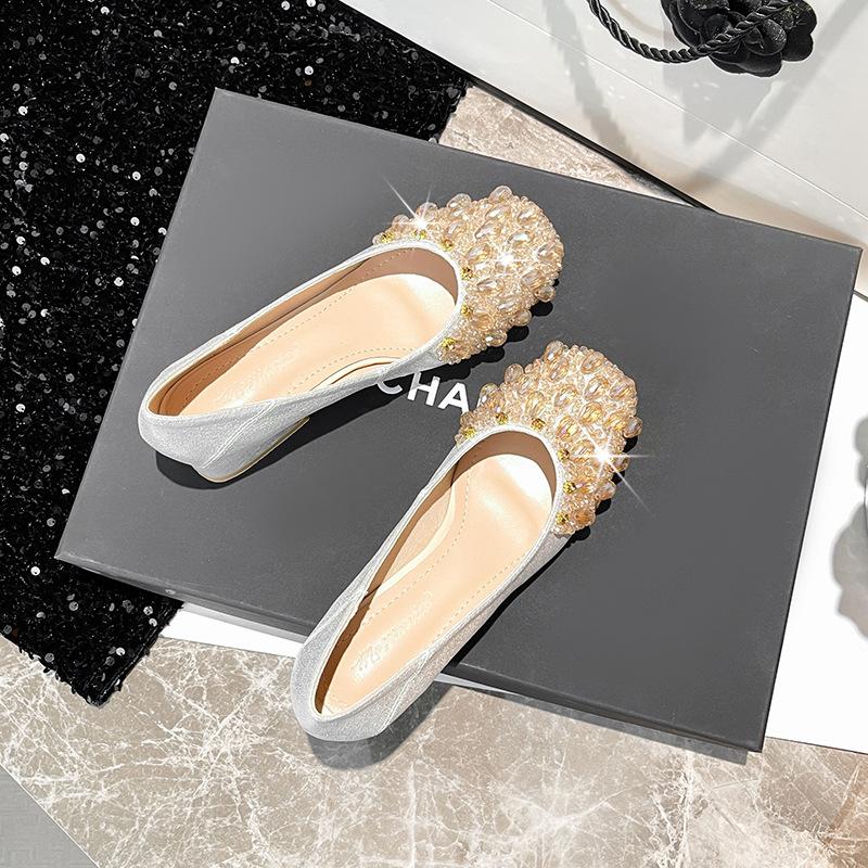 Fashion French Rhinestone Square Toed Single Shoes for Women Spring 2025 New Shallow Mouth Shiny Slip on Comfortable Lightweight Pumps
