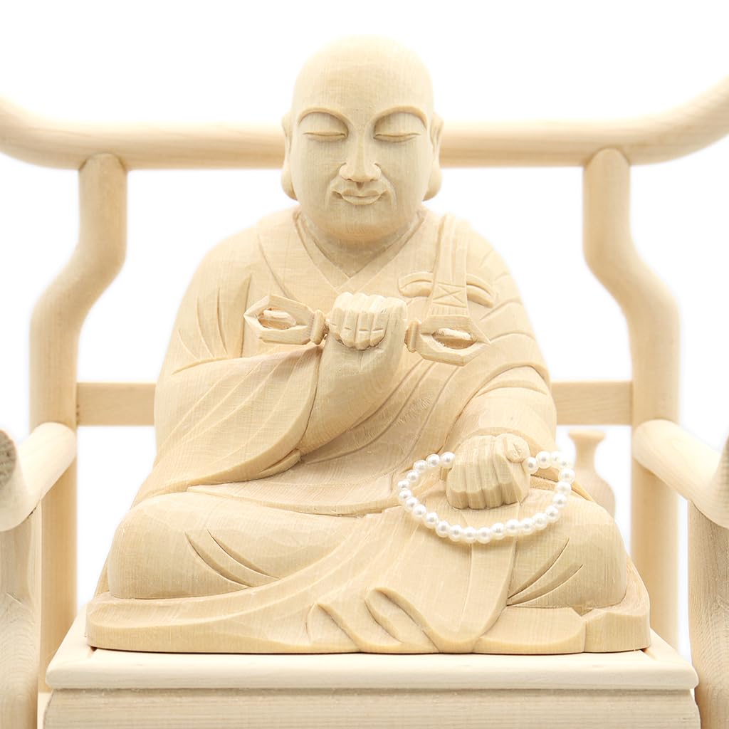 Spezielle buddhistische Statue und Hohe Kobo Daishi Sitzstatue Höhe 24 Zoll Breite Tiefe geschnitztes Zypressenholz mit geschwungenem Notenständer 15243 Kuritas