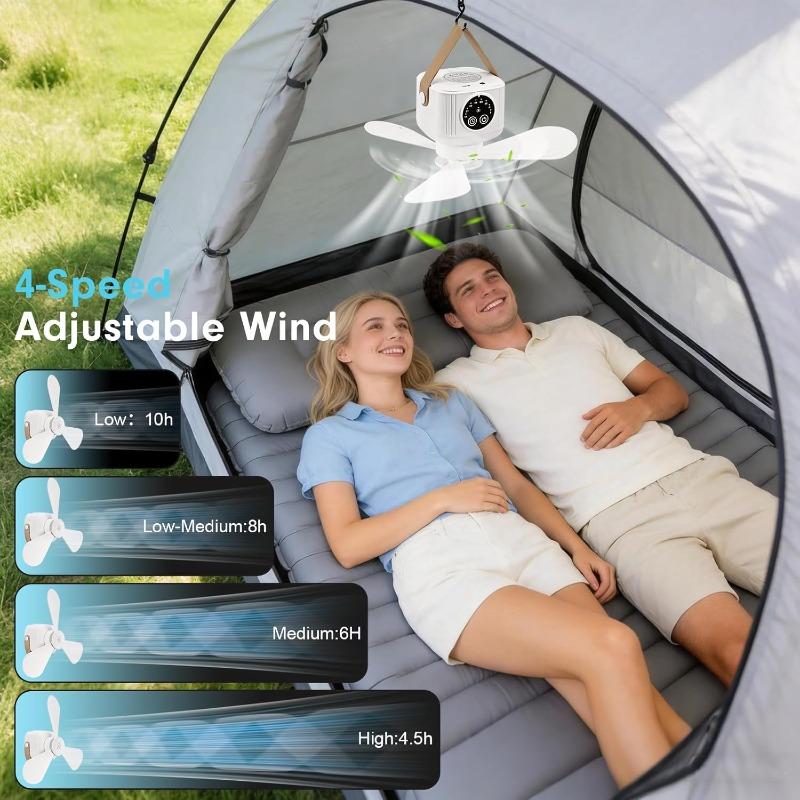Outdoor Portable USB Rechargeable Camping Fan with LED Lantern, 3 Speed Adjustable, 8H Timer, Remote Control, Small Hanging Fan for Tent, RV, Camper
