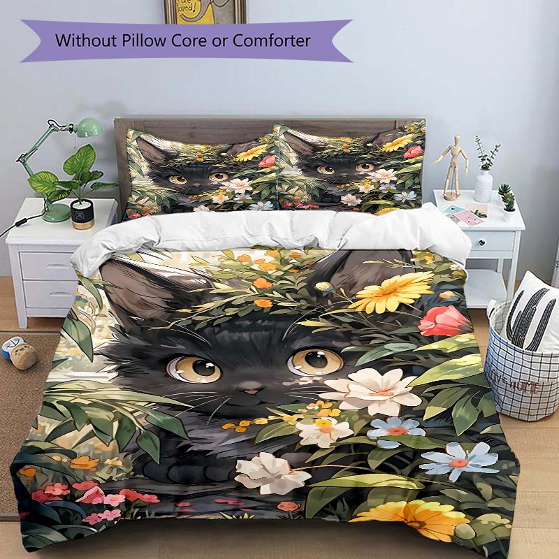 3pcs Black Cat Flower Bedding Set - Includes 1 Quilt Cover and 2 Pillowcases, Comfortable Bedding with Stylish Design for Bedroom, Machine W 135cm*200cm