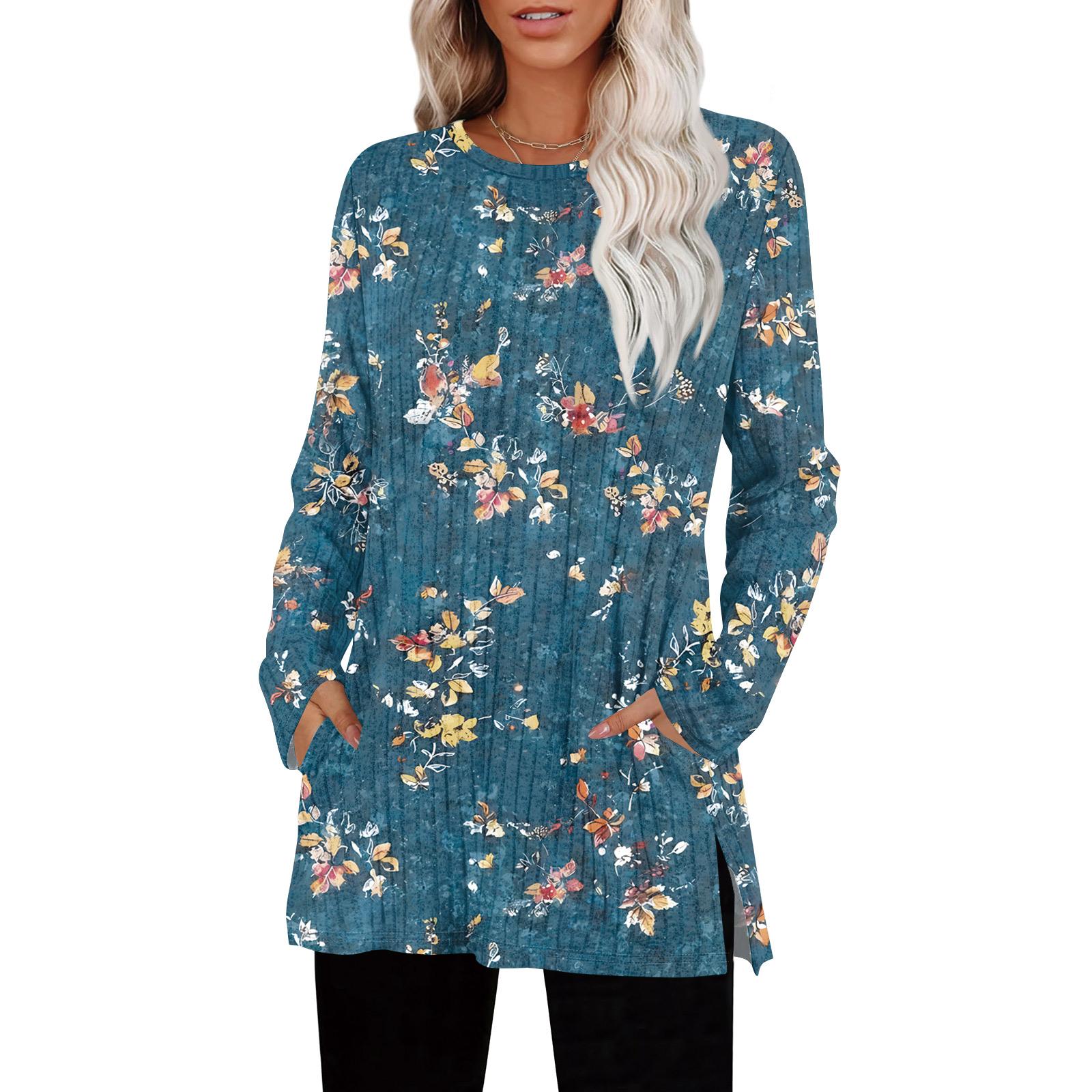 

Женские свитера с круглым вырезом, рубашки с длинным рукавом и карманами, осенние наряды, модная зимняя одежда, боковой разрез M синий