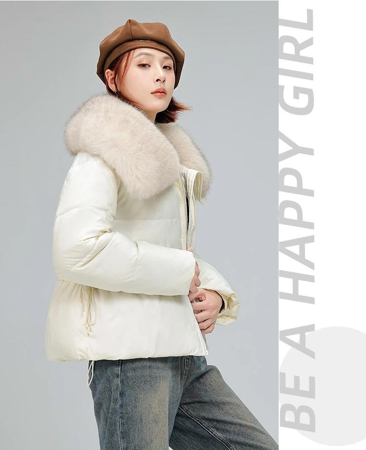 Women’s Short Big Fur Lapel Drawstring Warm Winter Jacket