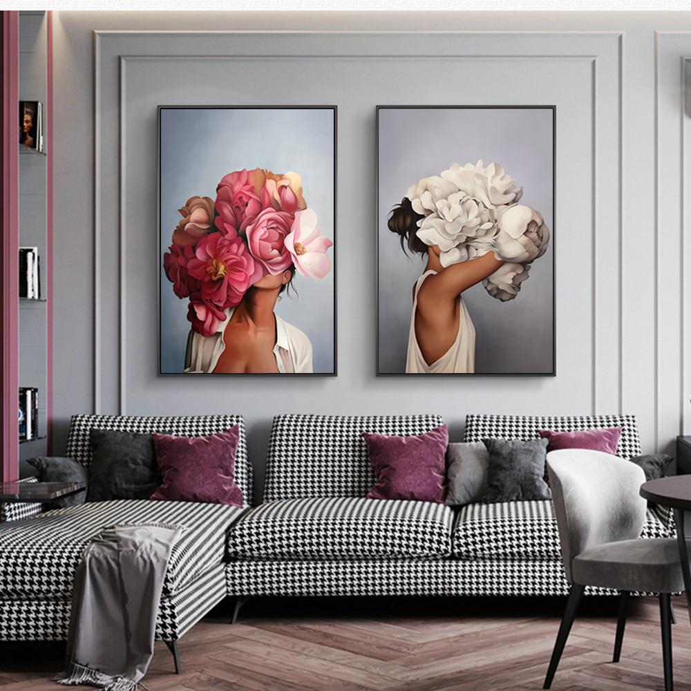 Nordic Flowers Head Woman Canvas Paintings On the Wall Art Posters And Prints Feather Girls Wall Pictures Home Decoration