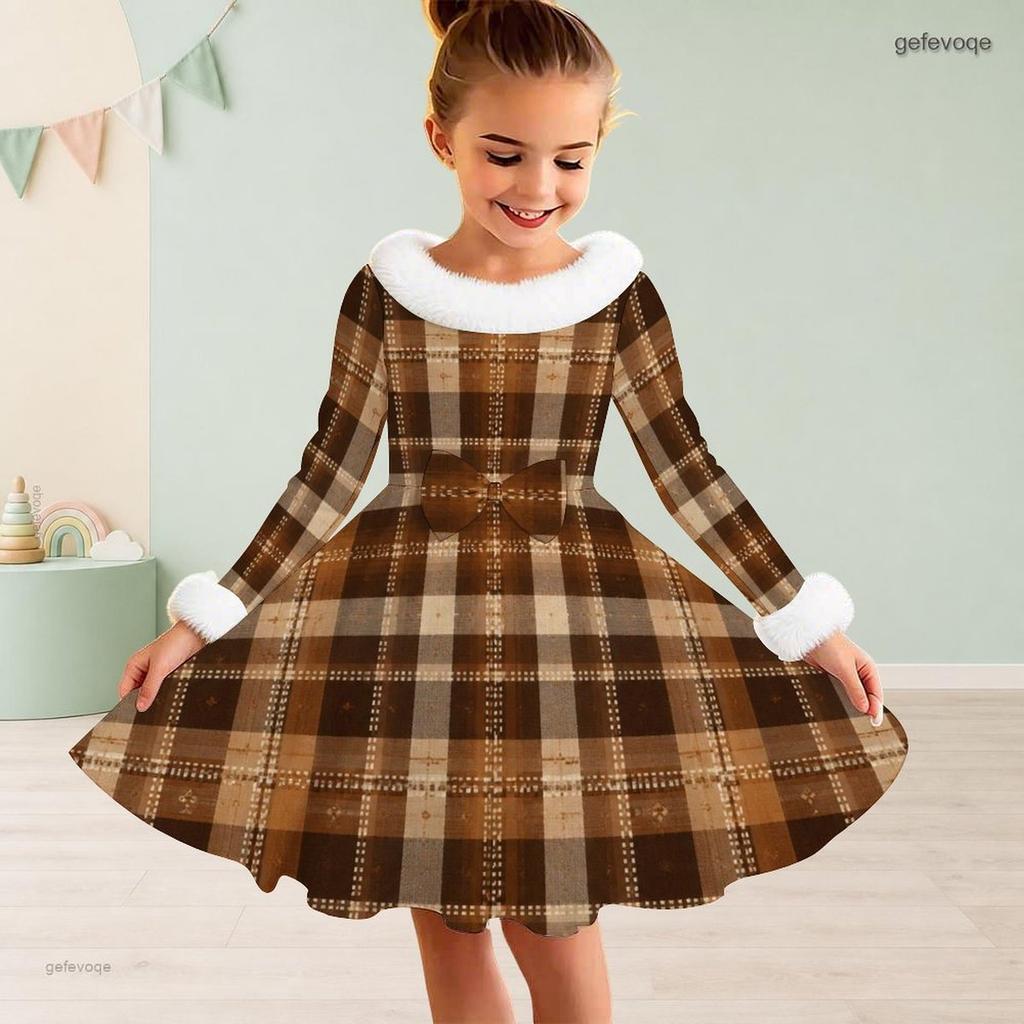 Girls Furry Collar Long Sleeve Patchwork Plaid Printed A Line Flared Dress