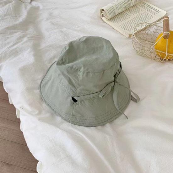 Women Fisherman Hat Lace Up Windproof Fixed Strap Wide Brim Solid Color Sunshade Anti-UV Flat Top Soft Breathable Foldable Basin Hat Lady Summer Cap