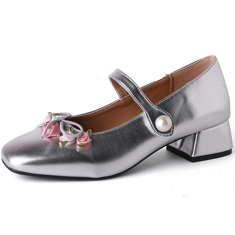 Fashion Medium Heeled Mary Jane Single Shoes 2024 New Women Shoes Fashion Elegant Flower Bow Pumps Square Toe Thick Heeled Ballet Shoes