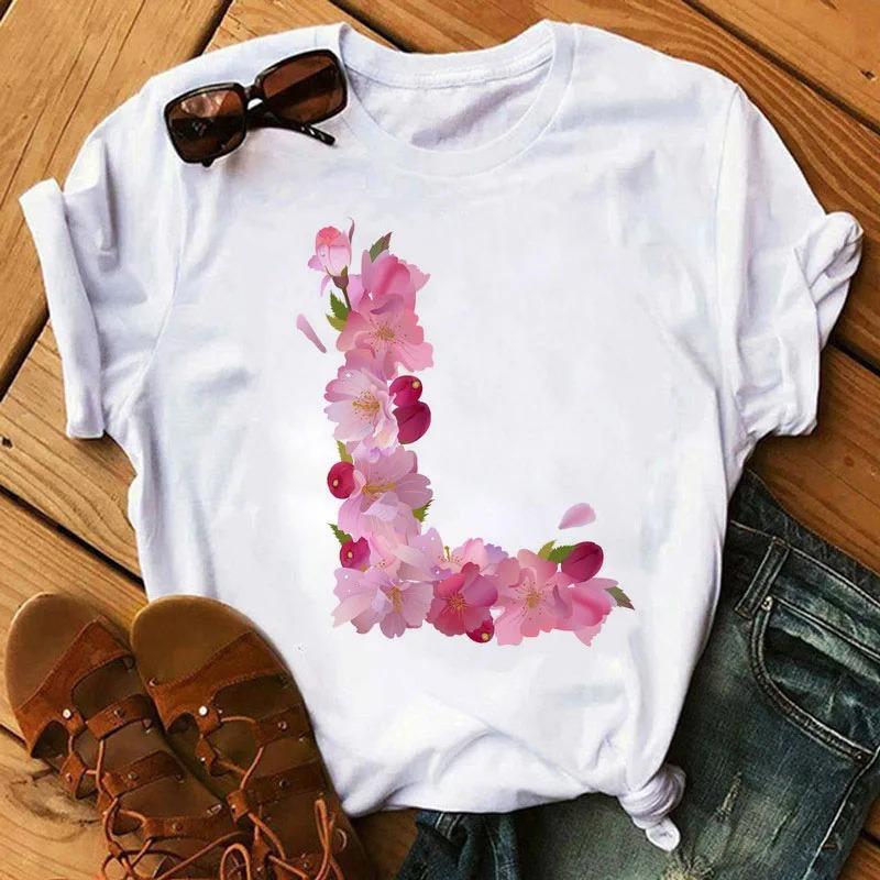 26 Letters Print T-Shirt Alphabet with Pink Flower Harajuku White Graphic Tee Casual Short Sleeve Lady Y2k Tops Women's Clothing