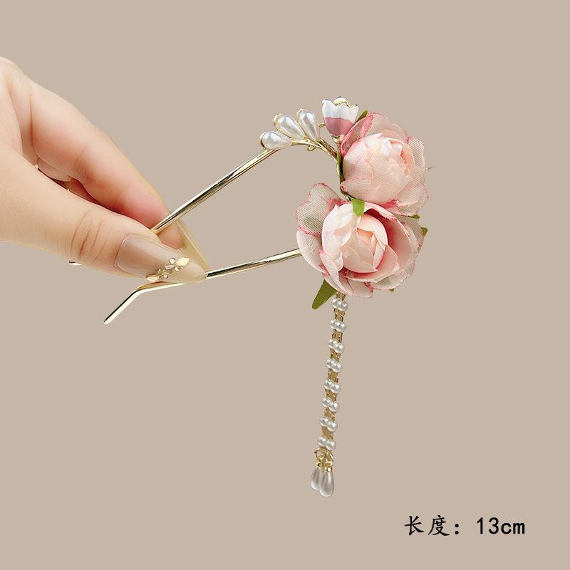 Elegant Flower Hairpin For Women Sweety Peony U Shaped Hair Stick Girls Fashionable Hair Accessories Gauze Floral Hair Pin NEW