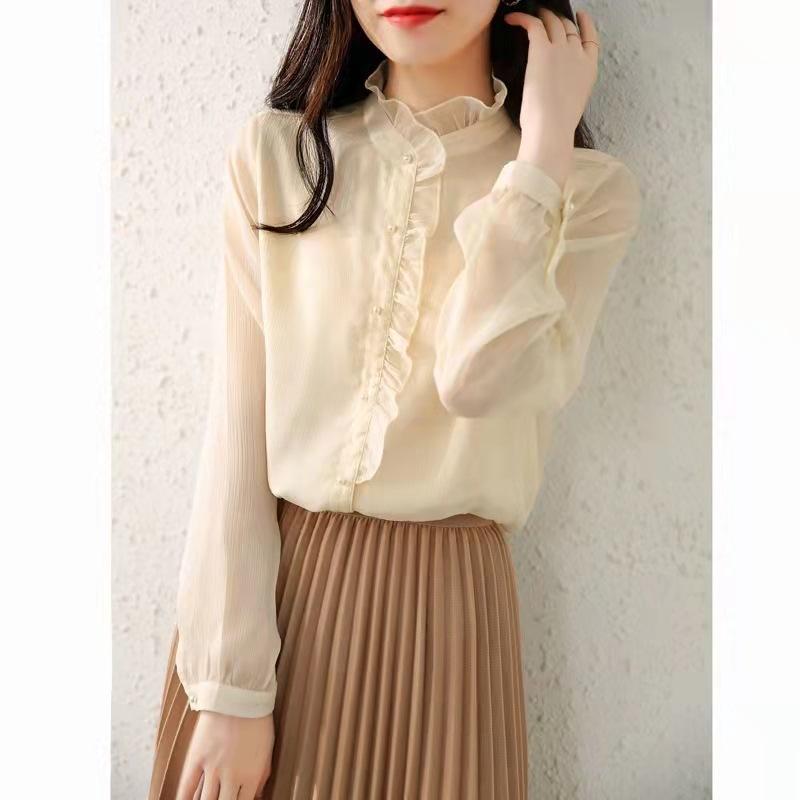 Chiffon Earrings Shirt for Women Long-sleeved Spring New Stand Collar Ruffled Mesh Top
