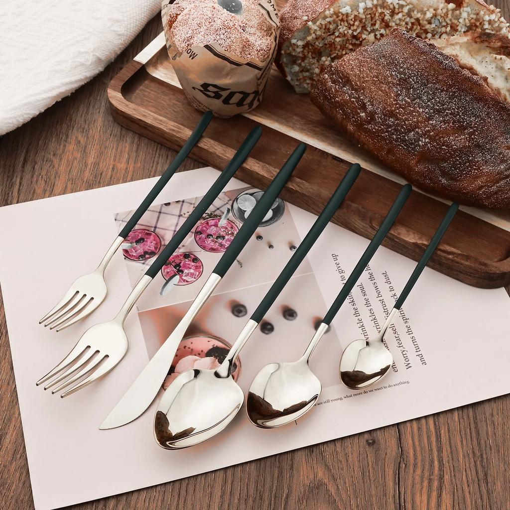 6Pcs Dinnerware Set Stainless Steel Tableware Mirror Dinner Silver Cutlery Set Knife Dessert Fork Spoon Flatware Kitchen Set